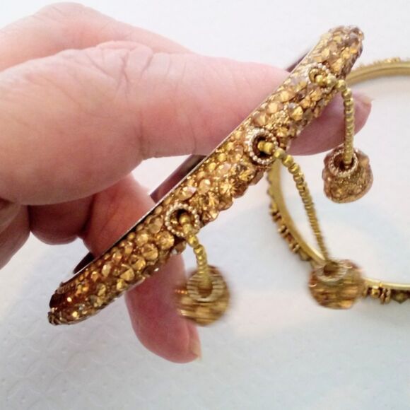 Set of Rhinestone Beaded Eastern Inspired Bangle Bracelets with Dangles - Picture 3 of 6